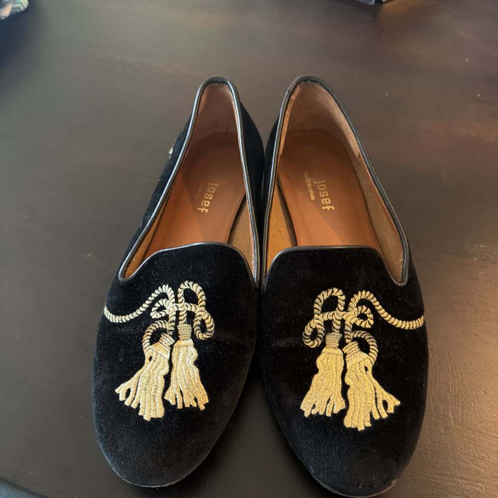 Jon Josef black velvet slip on embroidered shoes flats tassels size 7 - Picture 2 of 8